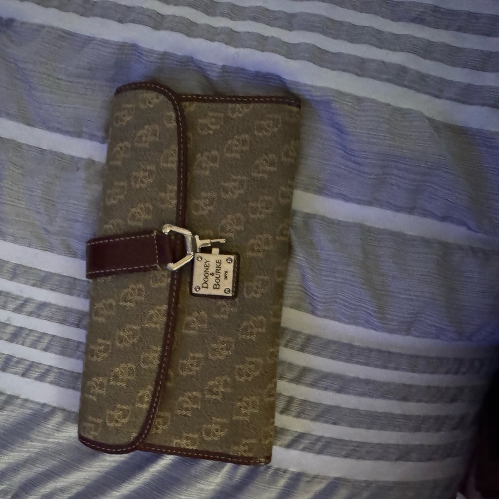 Dooney & Bourke Tan Monogram Clutch with Silver Accent